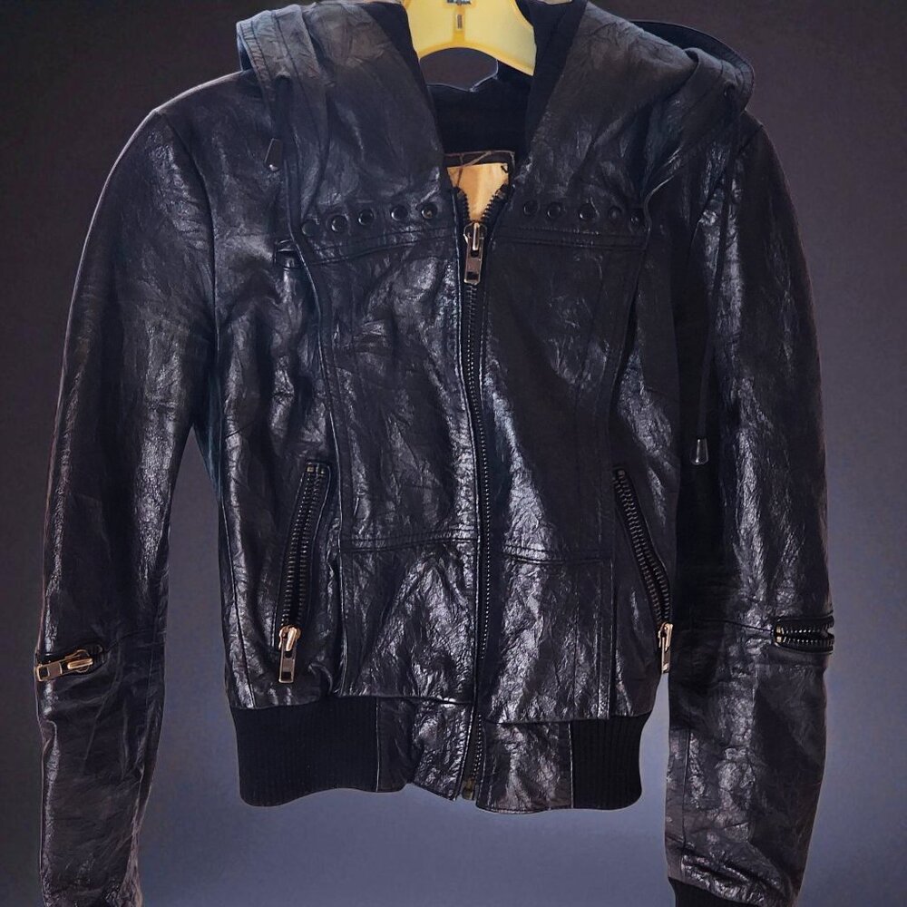 Black Faux Leather Moto Jacket w/ Hood – XXS Petite/Teen Punk Style